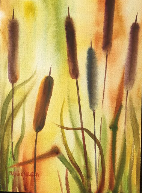 How To Draw Cattails, Cattails Painting, Painting Cattails, Watercolor Cattails, Cattails Watercolor Paintings, Sunflowers And Cattails, Cat Tails Plant Tattoo, Abstract Figure Art, Watercolor Scenery