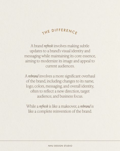 Brand Refresh VS. Rebrand ✨ While both a brand refresh and a rebrand aim to enhance a company's image and market position, the extent of changes and the level of continuity with the existing brand identity distinguish the two strategies. A brand refresh involves updating certain elements while maintaining the core identity, whereas a rebrand involves a more comprehensive overhaul, including changes to the brand's name, visual identity, and messaging. . . . #branding #nowbooking #modernbran... Branding Packages Pricing, Brand Positioning, Font Pairings, Brand Refresh, Website Design Layout, Font Pairing, Website Layout, Website Inspiration, Marketing Ideas