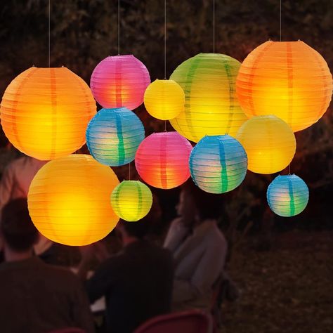 DazzLiteer 12pcs Colorful Paper Lanterns with LED Light, Decorations Round Hanging Paper Lantern Lamps for Birthday, Wedding, Party, Home Decorations (Size of 8”, 10”, 12”) - Amazon.com Paper Lanterns Wedding, Paper Lantern Lights, Hanging Paper Lanterns, Round Paper Lanterns, Mini Led Lights, Lantern Set, Colorful Paper, Lantern Lamp, Novelty Lighting