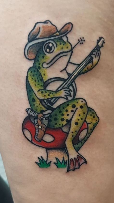 Boxing Frog Tattoo, Fishing Frog Tattoo, Bull Frog Tattoo, American Traditional Frog Tattoo Black, Frog In Cowboy Hat Tattoo, Frog Sitting On Mushroom Tattoo, Frog With Cowboy Hat Tattoo, Trad Frog Tattoo, Traditional Frog Tattoo Flash