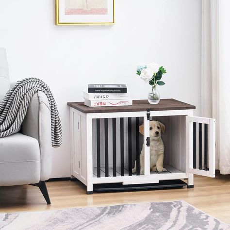 MCombo Wooden Dog Crate Furniture End Table with Door, No Assembly Portable Foldable Pet Crate Dog Kennel Indoor with Removable Tray 1256 (Small, White) Table Dog Kennel, Portable Dog Crate, Dog Crate End Table, Modern Dog Houses, Wood Dog Crate, Crate End Tables, Heavy Duty Dog Crate, Cat Crate, Wooden Dog Crate