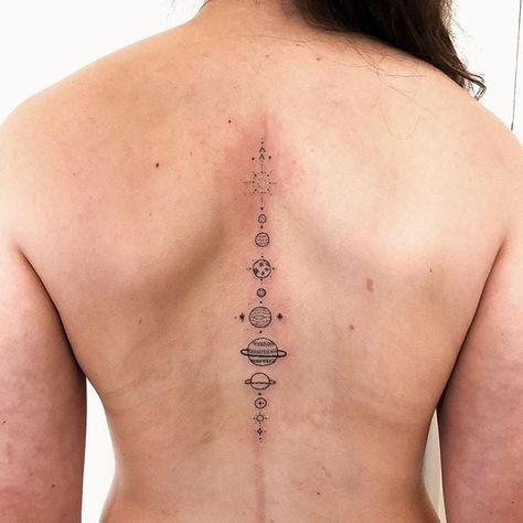 Solar System Tattoo, Uv Tattoo, Planet Tattoos, Chest Tattoos, Spine Tattoos For Women, Sternum Tattoo, Spine Tattoo, Discreet Tattoos, Spine Tattoos