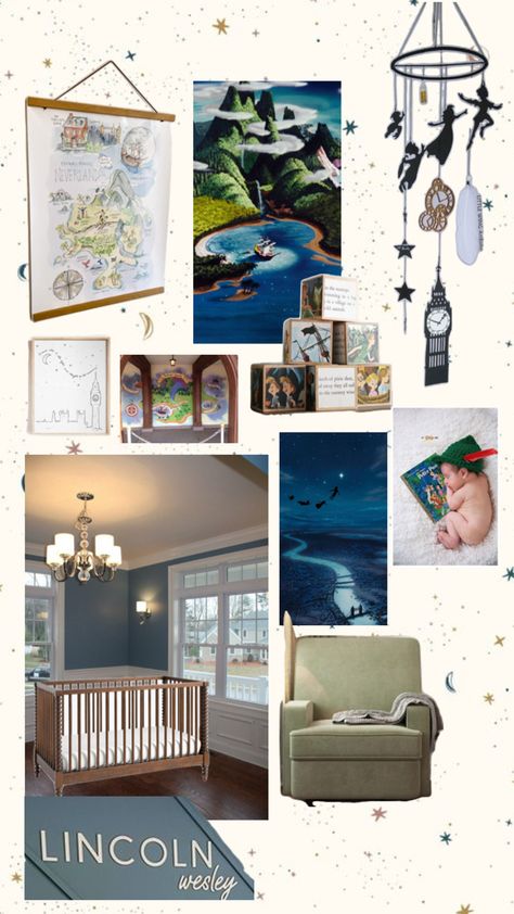 full of blues and greens this peter pan inspired nursery is perfect for the cutest baby boy Neverland Nursery Boy, Peter Pan Nursery Ideas, Peter Pan Themed Nursery, Neverland Nursery, Peter Pan Nursery, Nursery Idea, Nursery Book, Disney Nursery, Toddler Rooms