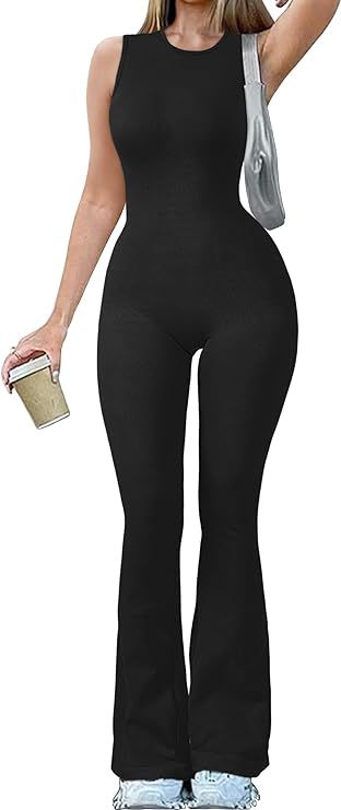 OQQ Women Yoga Jumpsuits Ribbed Crew Neck Sleeveless Bell Bottoms Flare Jumpsuits Beige Clothing, Thanksgiving Outfit Women, Yoga Jumpsuit, Flare Jumpsuit, Black Clothing, Women Yoga, Thanksgiving Outfit, Kids Luggage, Yoga Women