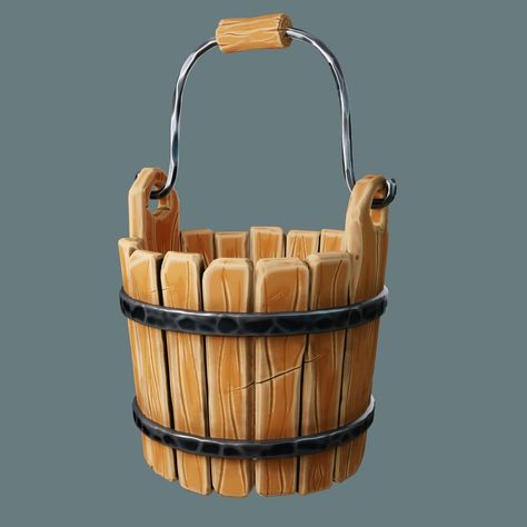 Props Art Concept, Wood Bucket, 3d Props, Environment Props Concept Art, Wooden Bucket Drawing, Bucket Drawing, Stylized Wood 3d, Metal Props, Stylized Props Concept Art