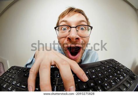 Fisheye Portrait Crazy Nerd Glasses Typing Stock Photo 2093275828 | Shutterstock Pushing Up Glasses Reference, Fisheye Portrait, Adjusting Glasses, Funny Bases, Stock Photos Funny, Nerd Glasses, Book Illustration Art, Character Poses, Viral Trend