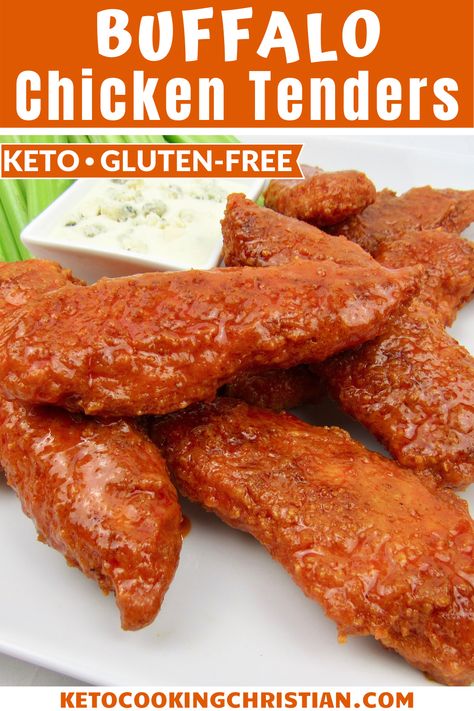 Keto Buffalo Chicken Tenders - Gluten-Free Crispy fried chicken tenders with a zesty buffalo wing sauce coating on the outside, and dipped in homemade blue cheese dressing makes the perfect Keto appetizer. The breading is gluten-free and is made from almond flour, parmesan cheese and finely ground pork rinds. #ketoappetizer #ketobuffalochickentenders #ketobonelesswings Crispy Fried Chicken Tenders, Homemade Blue Cheese Dressing, Keto Buffalo Chicken, Buffalo Chicken Tenders, Keto Fried Chicken, Buffalo Wing, Fried Chicken Tenders, Buffalo Wing Sauce, Blue Cheese Dressing