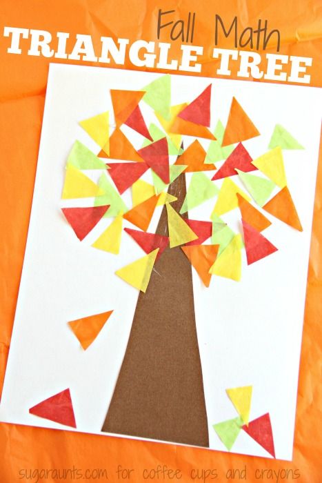 Kids will love to make this colorful Fall Tree Math Craft while working on fine motor skills and math concepts like shape recognition with a triangle tree. Art Teen, November Crafts, Fall Preschool Activities, Fall Math, Tree Study, Math Crafts, Fall Kindergarten, Shapes Preschool, Fall Tree