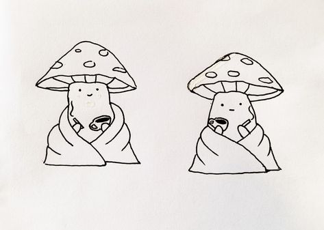 toadstools, mushroom, coffee, cigarette, blanket, rest, tattoo, cute Mushroom With Face Tattoo, Easy Doodle Art Mushrooms, Bestie Mushroom Tattoo, Mushroom Knife Tattoo, Mushroom Holding A Knife Drawing, Tiny Mushroom Tattoo Matching, Mushroom Friendship Tattoos, Friendship Mushroom Tattoo, Matching Mushroom Tattoos For Best Friends