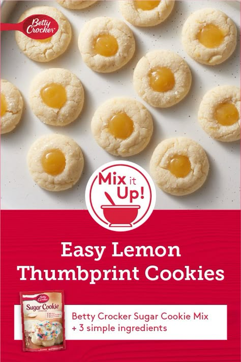 Thanks to Betty Crocker sugar cookie mix, you're a mere four ingredients away from the springiest cookies you could ever want! Betty Crocker Sugar Cookie, Betty Crocker Sugar Cookie Mix, Lemon Thumbprint Cookies, Betty Crocker Cookie Mix, Betty Crocker Sugar Cookies, Betty Crocker Cookies, Buttery Sugar Cookies, Sugar Cookie Mix, Thumbprint Cookies Recipe