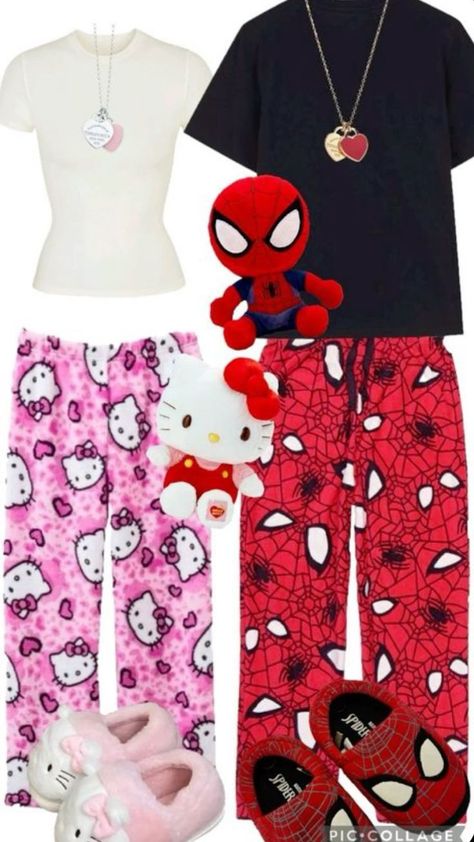 🤭 Hello Kitty And Spiderman, Hello Kitty Outfit, Kitty Outfit, Bff Matching Outfits, Bff Matching, Matching Outfits Best Friend, Kitty Clothes, Couple Fits, Hello Kitty Clothes