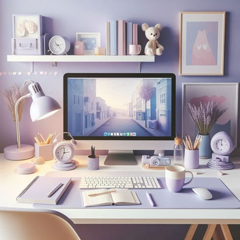 #desk Purple Desk Setup Aesthetic, Desk Ideas Purple, Lavender Home Office, Purple Desk Setup, Light Purple Office, Setup Notebook, Lilac Office, Lilac Desk, Purple Office Ideas