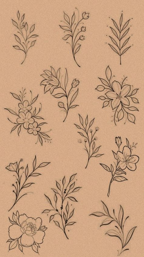 Natural Motifs Drawing Easy, Small Flowers Design, Botanical Flash Tattoo, Natural Motif Drawing, Flores Tattoo Mujer, Little Flower Drawing, Small Flower Drawing, Botanical Illustration Tattoo, Small Flower Drawings