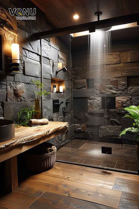 Modern Rustic Bathroom: Stone and Wood Elegance Bath And Shower Room Ideas, Bathroom Design Natural Stone, Natural Stone Shower Ideas, Nature Bathroom Aesthetic, Bathroom With Stone Wall, Modern Earthy Bathroom, Modern Stone Bathroom, Accent Walls Bathroom, Stunning Showers