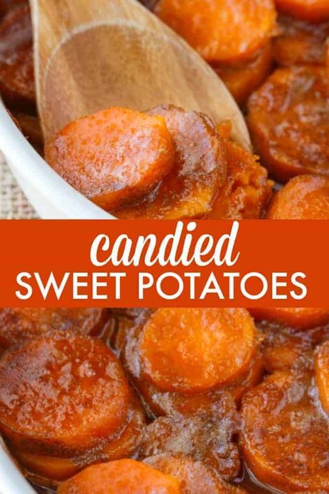 Candied Sweet Potatoes - An easy side dish recipe that tastes like a dessert. Tender sweet potato rounds are covered in a rich, buttery glaze. Candied Sweet Potato Recipes, Sweet Potato Rounds, Candied Yams Recipe, Potato Rounds, Sweet Potato Side Dish, Sweet Potato Sides, Yams Recipe, Sweet Potato Recipes Casserole, Candied Sweet Potatoes