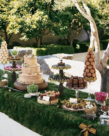 ArtisanCakeCompany dessert bar. This would be great for an enchanted forest, wild thing or Robin Hood theme. Outdoor Dessert Table, Bridesmaids Luncheon, Midsummer Nights Dream Wedding, Colors Aesthetic, Food And Desserts, Wedding Dessert Table, Dessert Dips, Dessert Display, Wedding Dessert