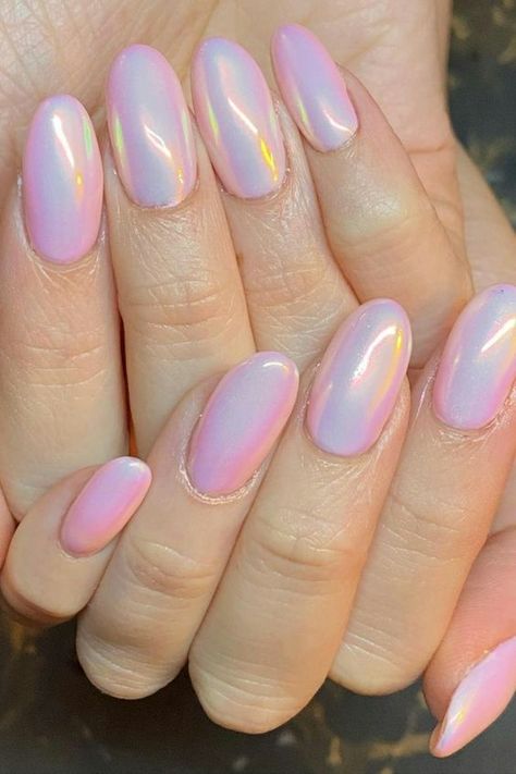 Pastel Nails Are The Seasons Prettiest Nail Trend Easter Crome Nails, Pink Rainbow Chrome Nails, Pastel Easter Nails Chrome, Pink Irridecent Design Nails, Pearlescent Nails With Design, Opal Pink Nails, Pastel Sparkle Nails, Dip Powder Nails With Chrome, Easter Chrome Nails