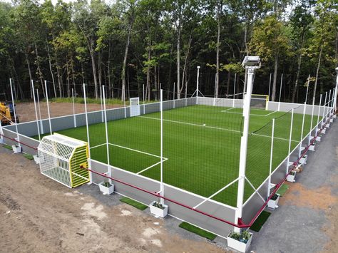 We built a 60x90 soccer field with walls in a families backyard in Upstate NY. Outdoor Soccer Field, Backyard Soccer Pitch, Diy Soccer Field Backyard, Backyard Football Field, Backyard Soccer Field Ideas, Home Soccer Field, Backyard Soccer Field, Backyard Soccer, Indoor Soccer Field