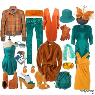 Teal and orange/yellow color combos Orange And Teal Outfit Ideas, Teal And Orange Outfit, Teal Outfit Ideas Color Combos, Rust Outfit Color Combos, Burnt Orange Outfit Color Combos, Spring Color Combos, Autumn Color Palette Fashion, Orange Yellow Color, Warm Fall Outfits