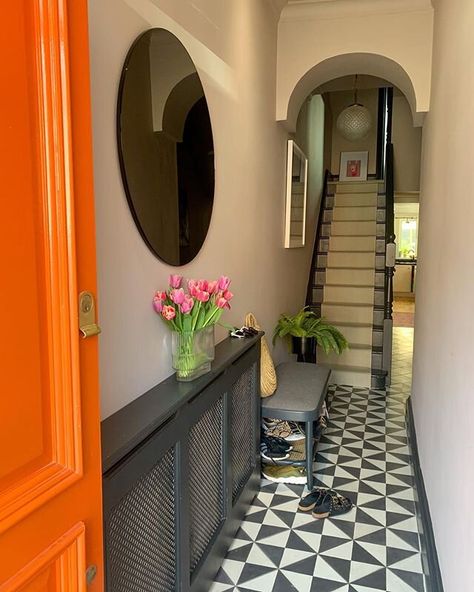 Hallway Makeover Before & After - How We Did It. — Gold is a Neutral Hallway Ideas Tiled Floor, Small Hallway Tiles Floor, Small Tiled Hallway, Small Corridor Ideas Narrow Hallways, Cool Hallway Ideas, Hallway Tile Ideas, Painted Banister Ideas, Front Hallway Ideas Entrance, Hall Floor Tiles