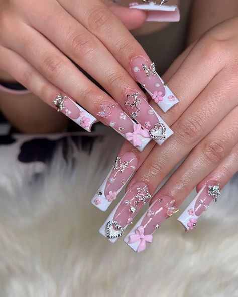 #longnails #badnboujee #frenchtipnails #junknails #nailcharms #nailset #nailjunkie #nailideas #nailtrend #nailpromote #vbeautypure… | Instagram Bad And Boujee Nails, Boujee Nails, Junk Nails, Girly Acrylic, Girl Nails, Bad And Boujee, Girly Acrylic Nails, Dope Nail Designs, Girls Nails