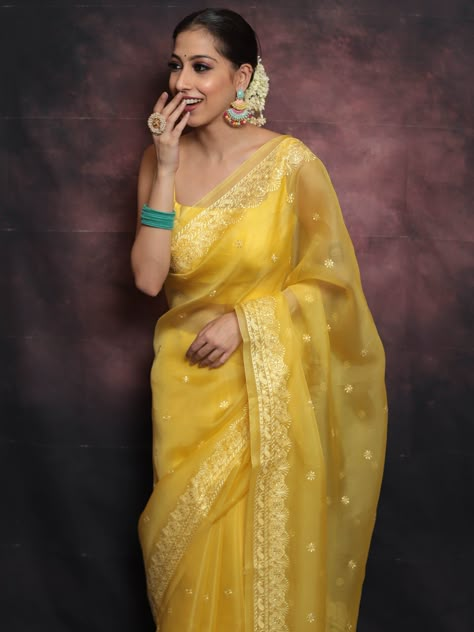 Saree Yellow Saree For Haldi, Pure Organza Silk Sarees, Lucknowi Saree, Vivid Dream, Crystal Wedding Dress, Simple Saree Designs, Yellow Clothes, Organza Silk Saree, Simple Sarees