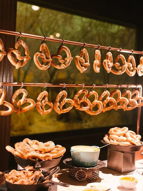 Wedding Food Stations Dessert, Wedding Food Set Up, Wedding Appetizer Ideas Cheap, Pretzel Bar Wedding, Pretzel Bar Ideas, Wedding Pretzels, Pretzel Bar, Unique Event Ideas, Duff Goldman