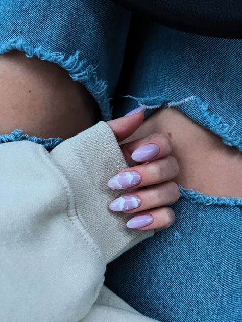 Lavender Cloud Nails, How To Draw Clouds On Nails, Cloud Nails Tutorial, Nails With Cloud Design, Sky Nails Design, Purple Cloud Nails, Cloud Nails Acrylic, Cloud Manicure, Blue Cloud Nails