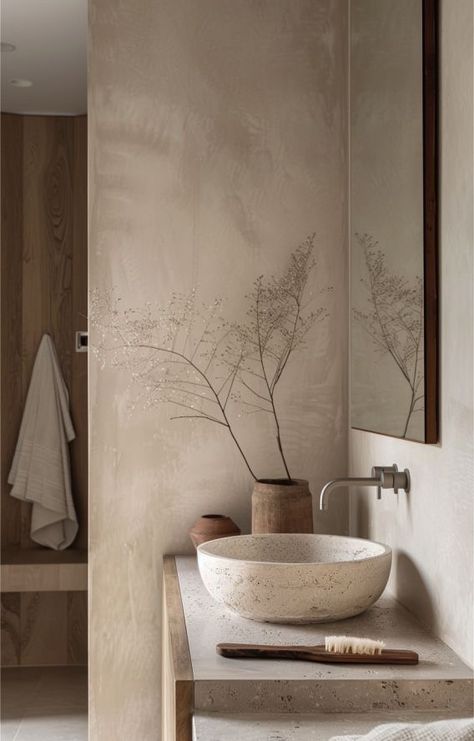 Plaster Bathroom, Earthy Bathroom, Wabi Sabi Interior, Clay Plaster, Bathroom Farmhouse Style, Deco Bathroom, Beige Bathroom, Bathroom Inspiration Decor, Eclectic Interior