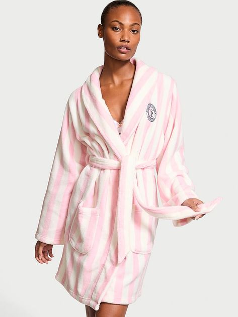 Buy Short Cozy Robe - Order Robes online 5000008347 - Victoria's Secret US Victoria Secret Bathrobe, Short Gown Dress, Fuzzy Robe, Lingerie Catalog, Women's Robe, Victoria Secrets, Dressing Gown, Black Wrap Dress, Pink Stripes