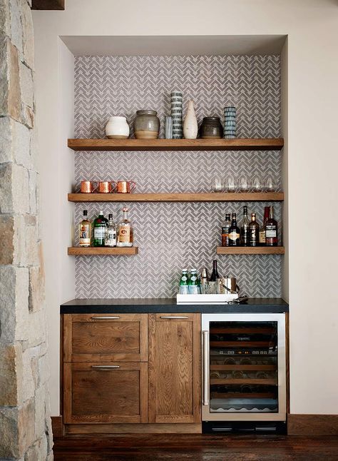 really like the size of this dry bar. Open shelving is nice and the wallpaper is very interesting Home Wet Bar, Modern Home Bar, Diy Home Bar, Built In Bar, Coffee Bar Home, Home Bar Designs, Dry Bar, Home Bar Decor, Basement Design