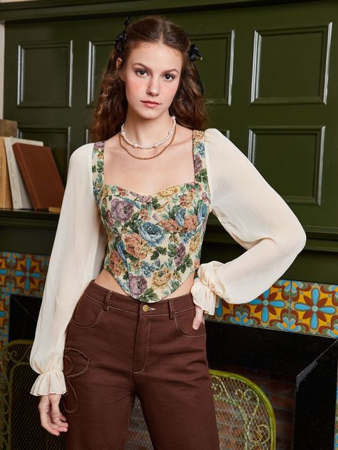 [AffiliateLink] Multicolor Boho Collar Long Sleeve Woven Fabric Floral Top Embellished Non-Stretch Women Tops, Blouses And Tee #floralblousedesignsforsaree Long Sleeves Blouses For Sarees, Floral Corset Top Outfit, Flower Tops Outfit, Corset With Sleeves, Floral Blouse Outfit, Blouse Designs For Saree, Floral Blouse Designs, Floral Corset Top, Corset Fashion Outfits