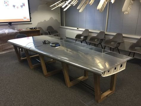 Aircraft Wing Conference Table Themed Bar Ideas, Pioneer Art, Aviation Office, Hangar Office, Aviation Room, Old Aircraft, Aviation Furniture, Fall Furniture, Mod Furniture