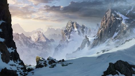 Snowy mountains by ~ARTek92 on deviantART Preterite Spanish, Mountains Aesthetic, Cold Mountain, Mountain Background, Snowy Mountain, Matte Painting, Snowy Mountains, Mountain Art, Environment Concept Art