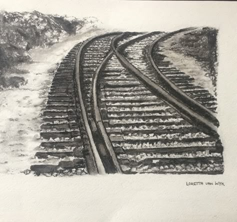 Charcoal sketch of train tracks for my Grandson. Train Tracks Painting, Train Track Drawing, Train Sketch Simple, Train Tracks Drawing, Train Drawings, Train Sketch, Train Tattoo, Train Drawing, Concertina Book