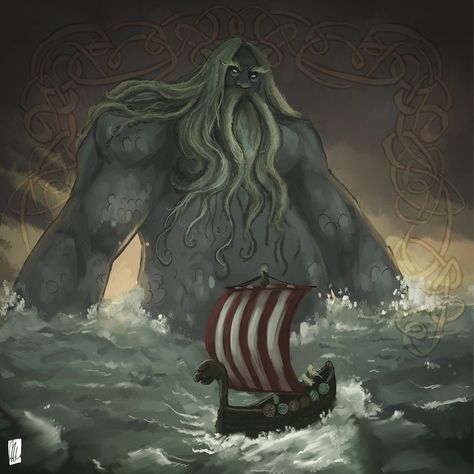 Ægir God of the oceans and all sea life, he is described as a sea giant yet predating even the Jötunn. Husband to Rán, with whom he has fathered nine daughters (all named after waves), he is documented in Lokasenna as hosting a party for all the gods... World Mythology, Norse Myth, Norse Pagan, Viking Culture, Legends And Myths, The Boogeyman, Celtic Mythology, Viking History, Norse Vikings