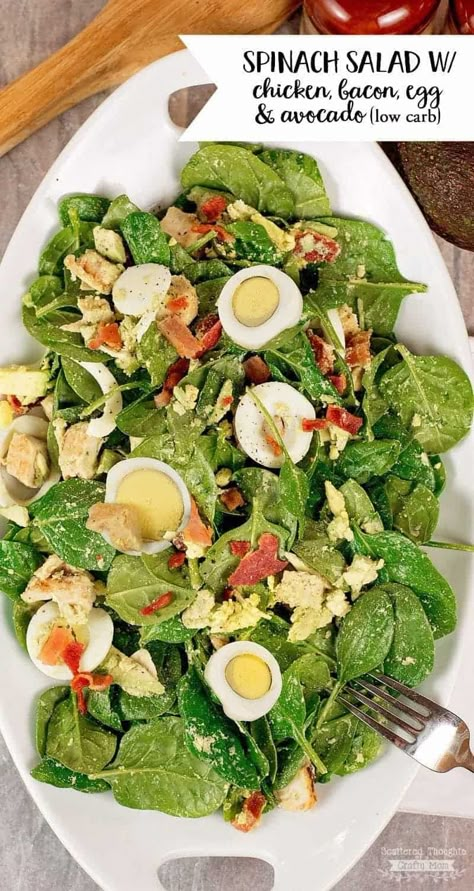 Low Carb Spinach Salad, Spinach Salads, Eggs And Avocado, Spinach Salad With Chicken, Low Carb Salads, Spinach Salad Recipes, Keto Salads, Low Carb Salad, Bacon Eggs