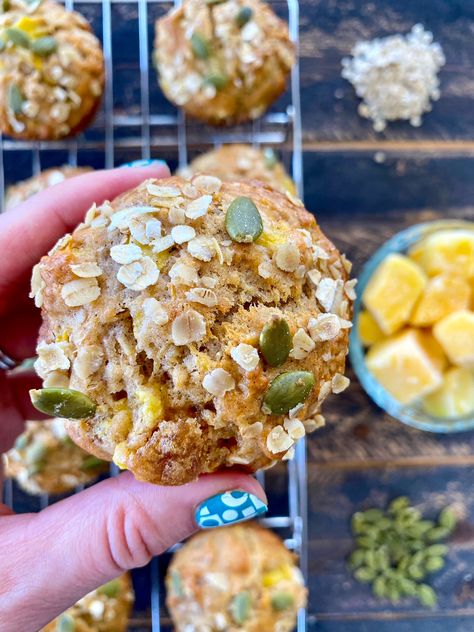 Mango Oatmeal Muffins, Oatmeal Muffins Recipes, Mango Oatmeal, Mango Muffins, Dietitian Recipes, Coconut Oatmeal, Muffins Recipes, Frozen Mango, Soy Free Recipes