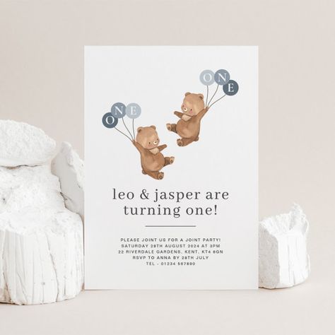 Bear Twin Boys Joint 1st Birthday Invitation Birthday 1st Boy, 95 Birthday, Teddy Bear Theme, Boy Girl Twins, Twin First Birthday, 1st Birthday Invitation, Boy Birthday Invitations, Twin Birthday, Twin Boys