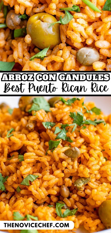 This Arroz con Gandules is a flavorful Puerto Rican rice recipe made with gandules (pigeon peas), green olives and sofrito. Learn all my tricks on how to get perfect rice every time! Rice And Beans Recipe Puerto Rican, Arroz Con Gandules Puerto Rican Recipe, Puerto Rican Rice Recipe, Sofrito Recipe Puerto Rican, Puerto Rican Recipes Rice, Pasteles Recipe, Arroz Con Gandules Recipe, Holiday Rice, Rice With Pigeon Peas