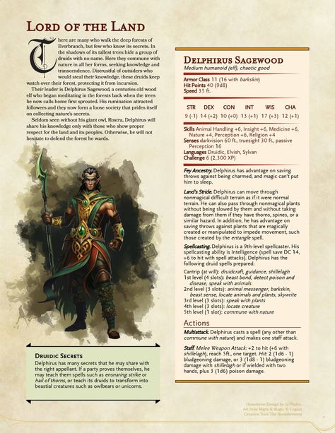 Druid Leader Delphirus Sagewood by Phylea Homebrew 5e, Stat Block, Dnd Creatures, Dnd Druid, Dnd Stats, Dnd Classes, Dungeons And Dragons Classes, Dnd 5e Homebrew, D D Monsters