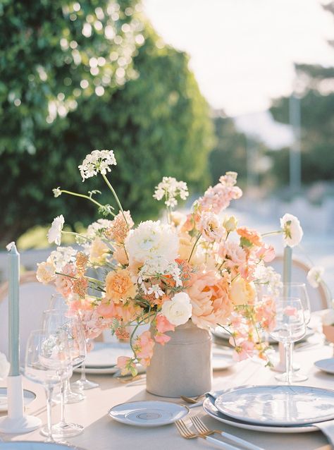 Spring wedding inspiration in Athens with a modern elegant vibe | Athens Wedding Inspiration | Gallery | Item 13 Peach Wedding Sweetheart Table, Peach And White Bridesmaid Bouquet, Elopement Dinner, Bahamas Wedding, Athens Wedding, Design Boards, Spring Wedding Colors, Wedding Pic, Spring Wedding Inspiration