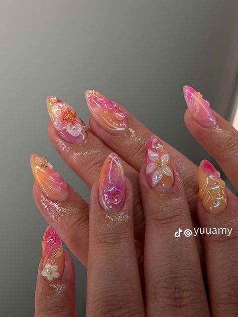 Jelly Flower Nails, Sculpted Flower Nails, Flower Pink Nails, Italy Inspired Nails, Uñas Aesthetic, Beachy Nails, Tropical Nails, Cute Simple Nails, Summery Nails