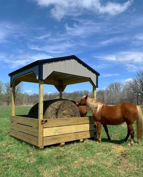 Tired of your expensive round bales sitting in the mud, snow & dirt? 
Want something to help keep the rain & snow off? Check out our 8’x8’ Round bale feeder!  

Features: 
29 Ga. exterior steel & trims 
.60 Treated skids, floor &  planking 
Completely assembled with screws & lag screws 
Available in 20 different colors Round Hay Bale Feeder, Horse Hay Feeder Diy, Round Bale Hay Feeder, Hay Hut, Diy Hay Feeder, Round Bale Feeder, Stable Hacks, Cattle Feeder, Hay Feeder For Horses