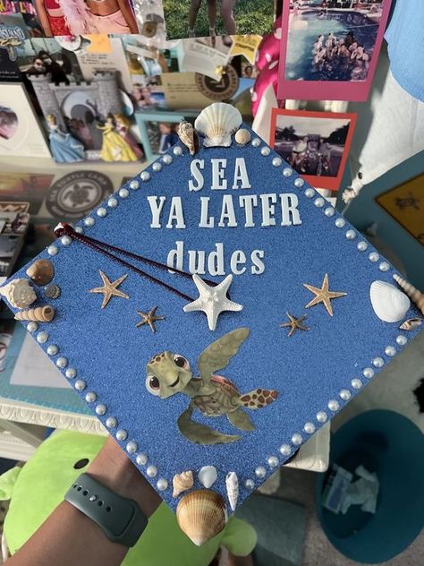 Ocean Grad Cap, Grad Cap Simple, Simple Grad Cap, Biology Graduation Cap, Funny Grad Cap Ideas, Disney Grad Caps, High School Graduation Cap Designs, Disney Graduation Cap, Funny Graduation Caps