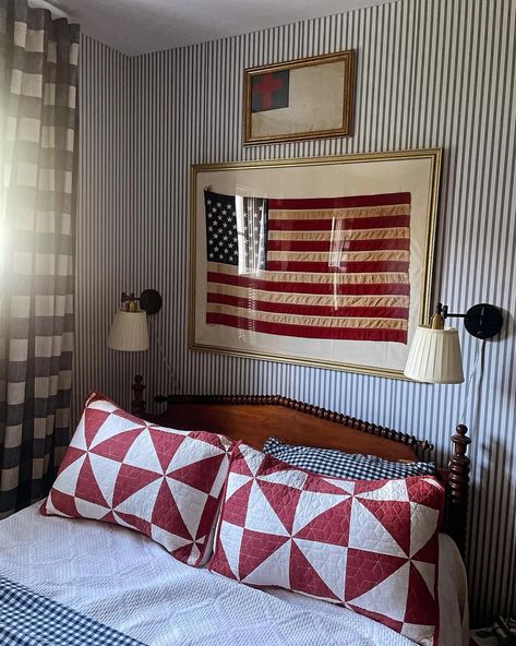 A patriotic wall display. Vintage flag matted and framed. The smaller flag is a Christian pocket flag carried by a soldier in WWII | Gallery Framed American Flag In Living Room, Baseball American Flag, American Flag Room Decor, Americana Boy Room, American Flag Room, American Flag Bedroom, Flag Room Decor, Americana Room, Americana Bedroom