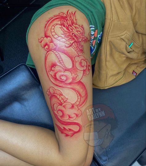 Red dragon tattoo Red Leg Sleeve Tattoo, Red Dragon Tattoo For Women Thigh, Dragon Tattoo On Thigh, Thigh Dragon Tattoo, Red Ink Dragon Tattoo Thigh, Red Dragon Tattoo Thigh, Red Dragon Tattoo Back, Red Dragon Tattoo For Women On Arm, Red Dragon Thigh Tattoo