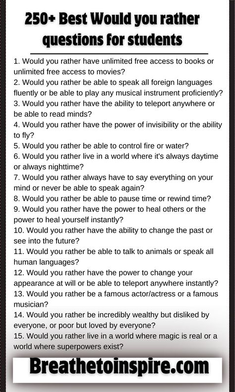 would-you-rather-questions-for-students Would You Rather For Students, Would You Rather Questions For Teens, Would You Rather Questions For Kids, Best Would You Rather, Funny Would You Rather, Questions For Students, Rather Questions, Would You Rather Questions, Funny Questions