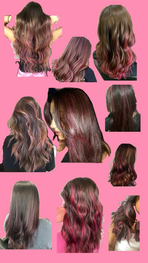 Pink highlights in brunette hair Highlights In Brunette Hair, Summer Hair Dye, Pink Hair Streaks, Pink Hair Highlights, Pink Hair Dye, Red Hair Inspo, Hair Inspiration Long, High Hair, Curly Hair Photos