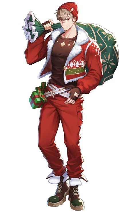 Christmas Character Design, Anime Santa, King's Raid, Christmas Poses, Santa Art, Santa Outfit, Boy Illustration, Anime Christmas, Happy Cartoon